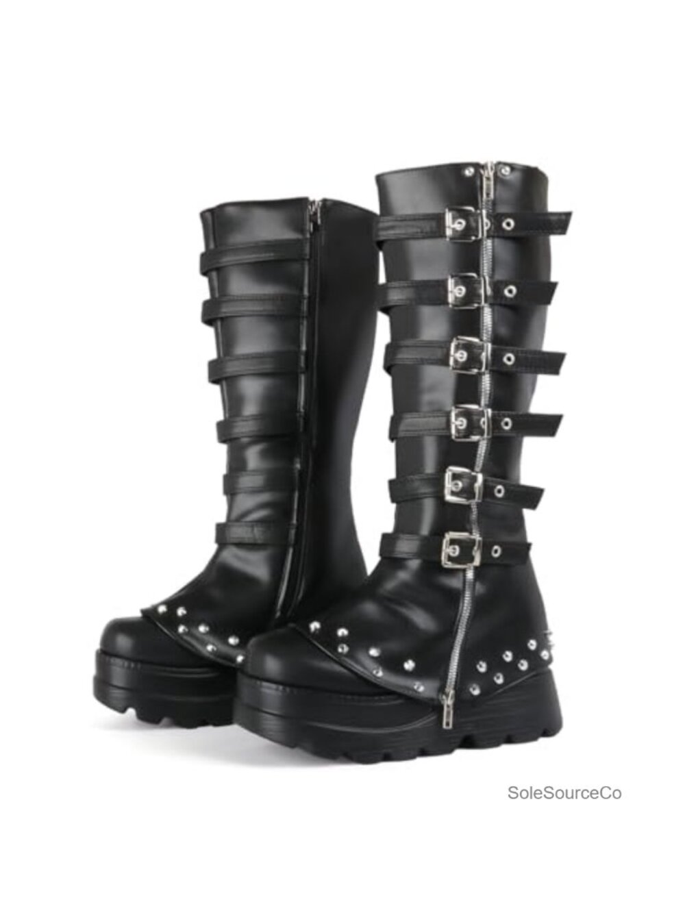 Women's Chunky Heel Platform Knee-High Goth Boots Strappy Buckle Zip Up Combat